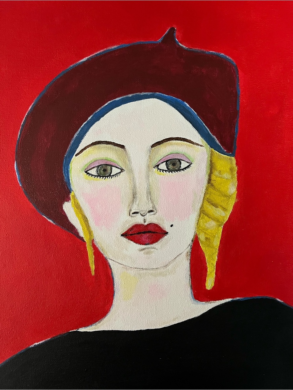 Original art Portrait Painting of Woman in Burgundy Beret and Red Background